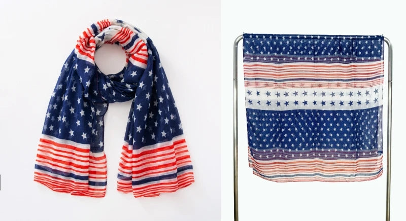 Fashion American Flag Oblong Scarfs Patriotic Stars Print Shawl Voile Soft Wrap Geometric Stripes Scarf