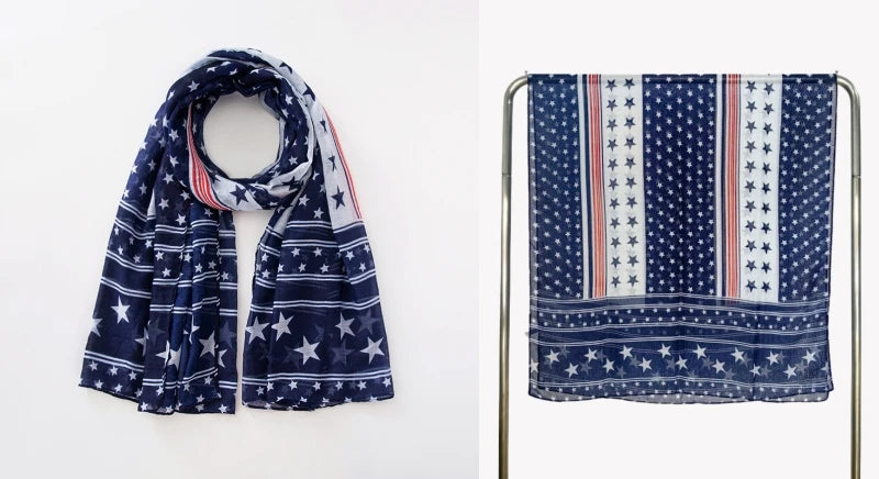 Fashion American Flag Oblong Scarfs Patriotic Stars Print Shawl Voile Soft Wrap Geometric Stripes Scarf