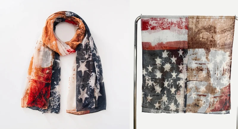 Fashion American Flag Oblong Scarfs Patriotic Stars Print Shawl Voile Soft Wrap Geometric Stripes Scarf