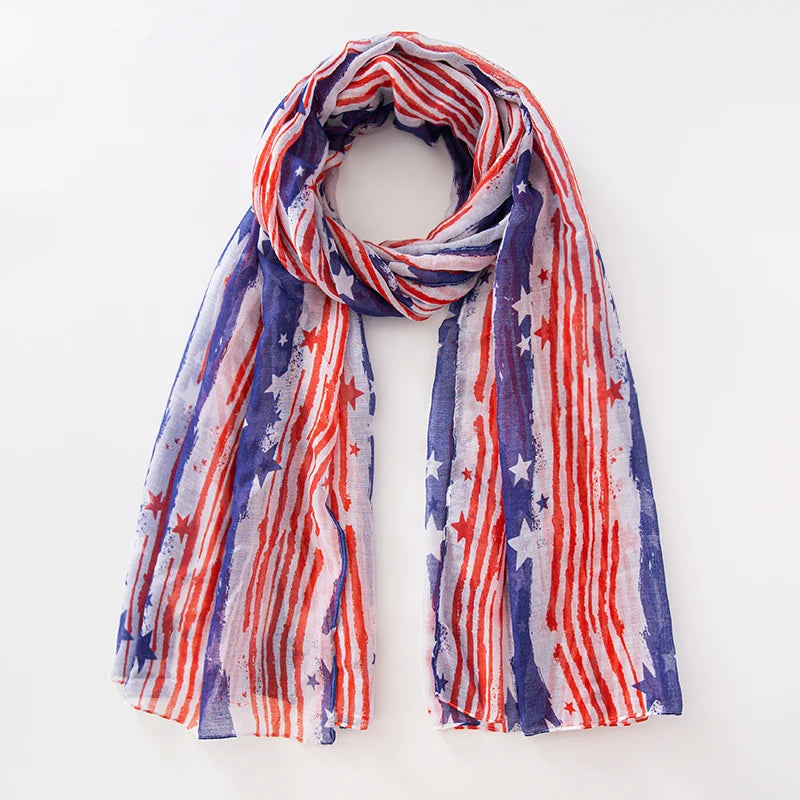 Fashion American Flag Oblong Scarfs Patriotic Stars Print Shawl Voile Soft Wrap Geometric Stripes Scarf