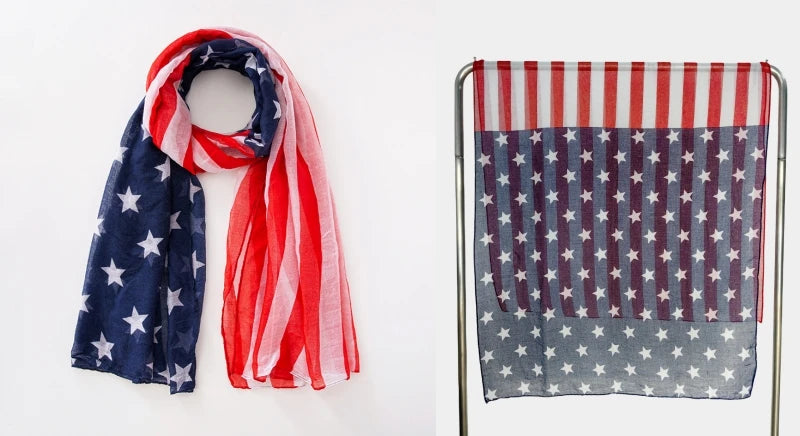 Fashion American Flag Oblong Scarfs Patriotic Stars Print Shawl Voile Soft Wrap Geometric Stripes Scarf