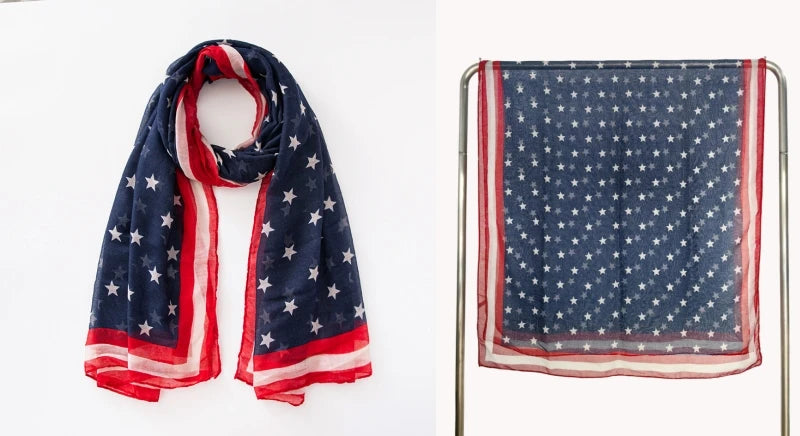 Fashion American Flag Oblong Scarfs Patriotic Stars Print Shawl Voile Soft Wrap Geometric Stripes Scarf