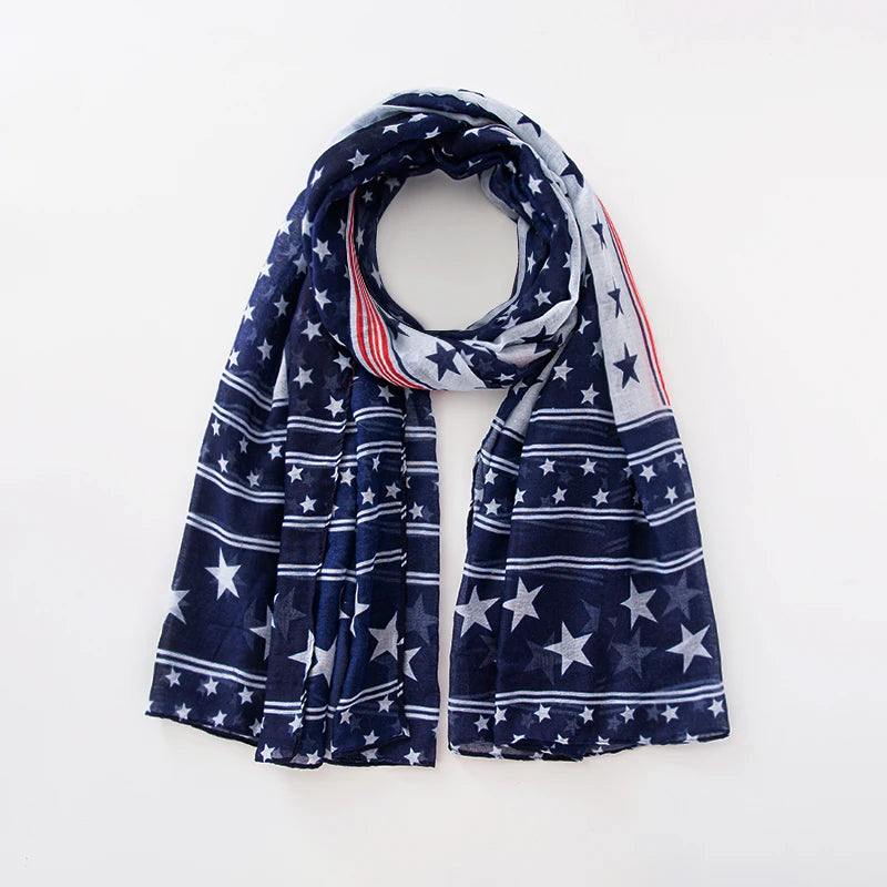 Fashion American Flag Oblong Scarfs Patriotic Stars Print Shawl Voile Soft Wrap Geometric Stripes Scarf