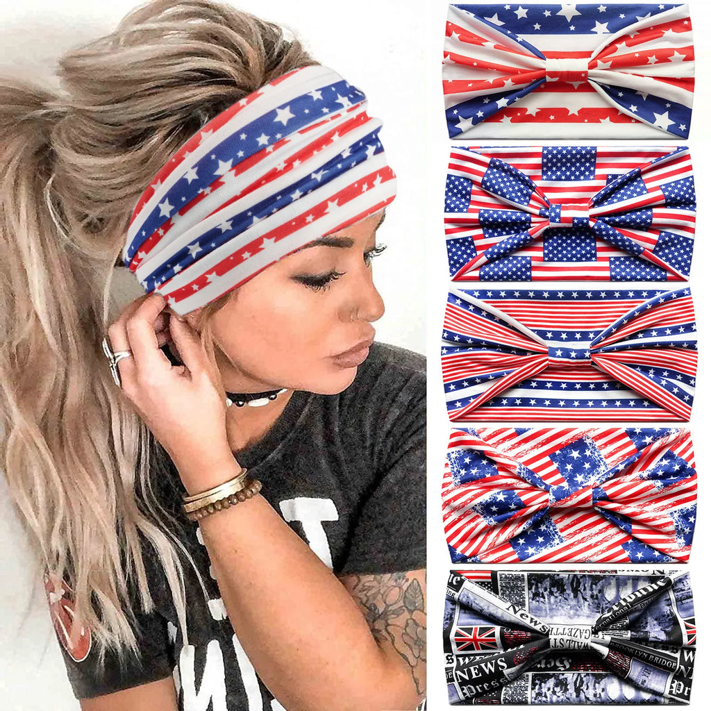 American flag yoga sports headband, Independence Day wide running fitness sweat-absorbing headband, elastic knotted headscarf