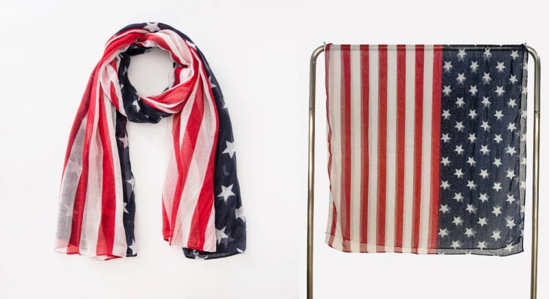 Fashion American Flag Oblong Scarfs Patriotic Stars Print Shawl Voile Soft Wrap Geometric Stripes Scarf