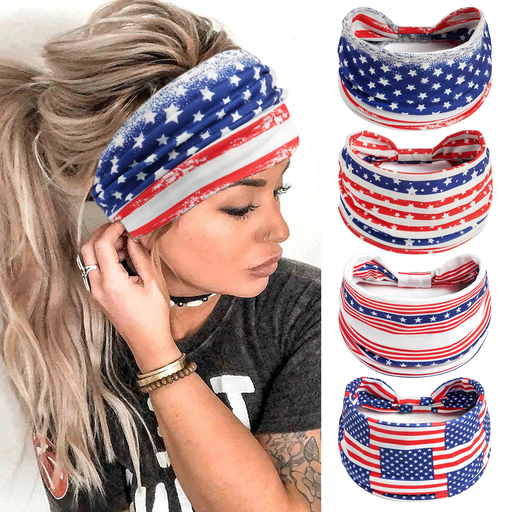 American flag yoga sports headband, Independence Day wide running fitness sweat-absorbing headband, elastic knotted headscarf