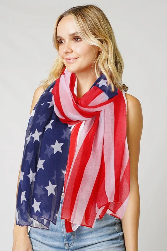 Fashion American Flag Oblong Scarfs Patriotic Stars Print Shawl Voile Soft Wrap Geometric Stripes Scarf