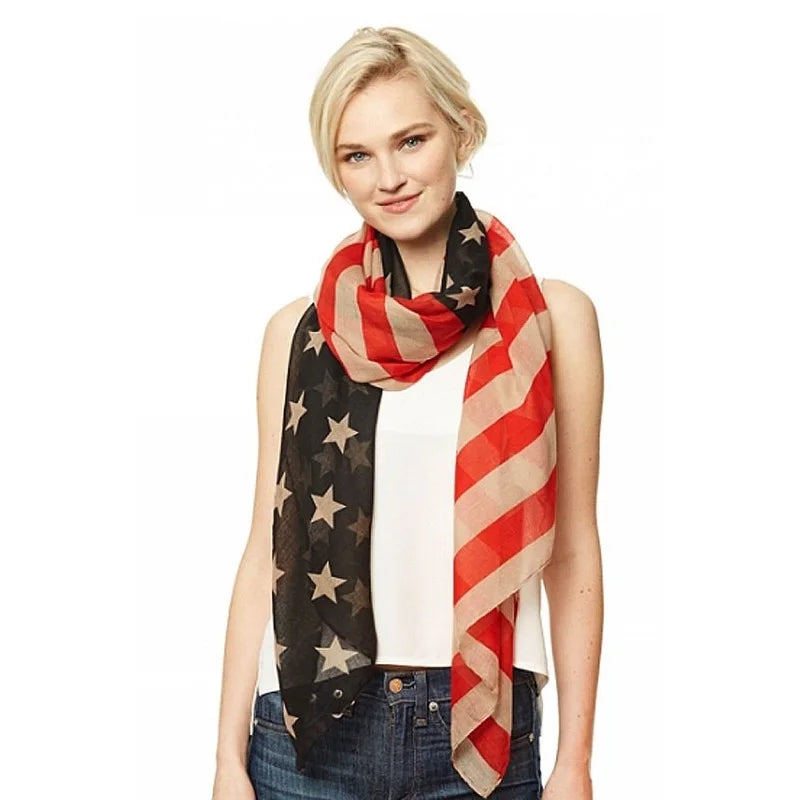 Fashion American Flag Oblong Scarfs Patriotic Stars Print Shawl Voile Soft Wrap Geometric Stripes Scarf