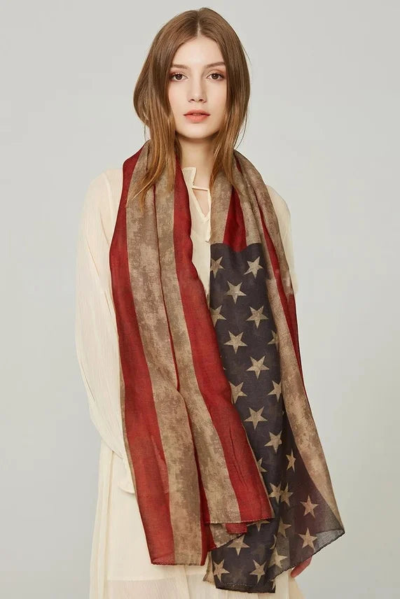 Fashion American Flag Oblong Scarfs Patriotic Stars Print Shawl Voile Soft Wrap Geometric Stripes Scarf