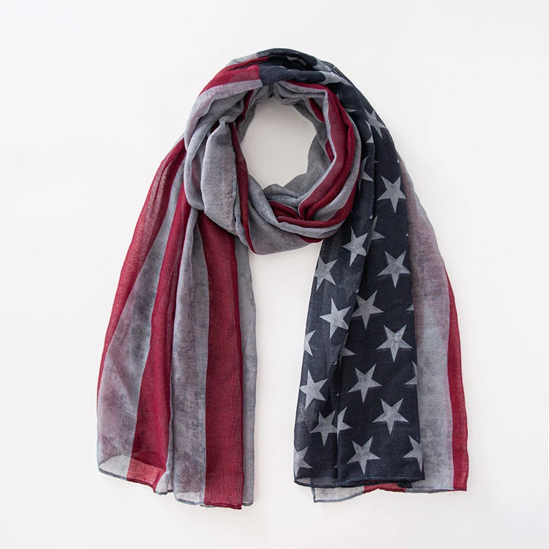 Fashion American Flag Oblong Scarfs Patriotic Stars Print Shawl Voile Soft Wrap Geometric Stripes Scarf