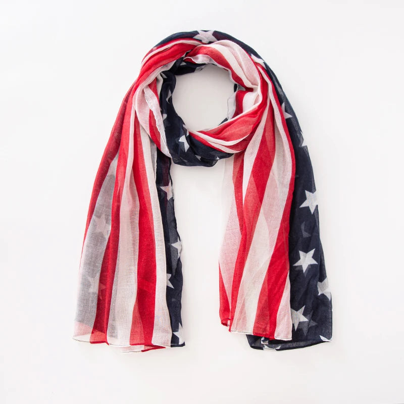 Fashion American Flag Oblong Scarfs Patriotic Stars Print Shawl Voile Soft Wrap Geometric Stripes Scarf