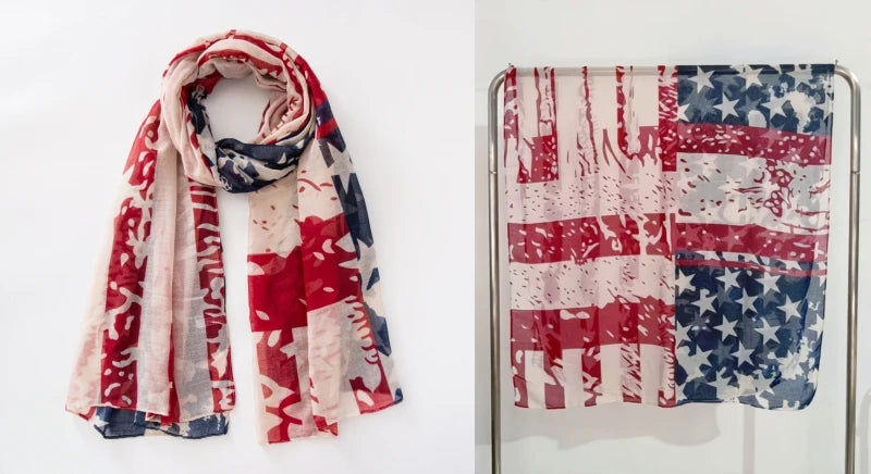 Fashion American Flag Oblong Scarfs Patriotic Stars Print Shawl Voile Soft Wrap Geometric Stripes Scarf