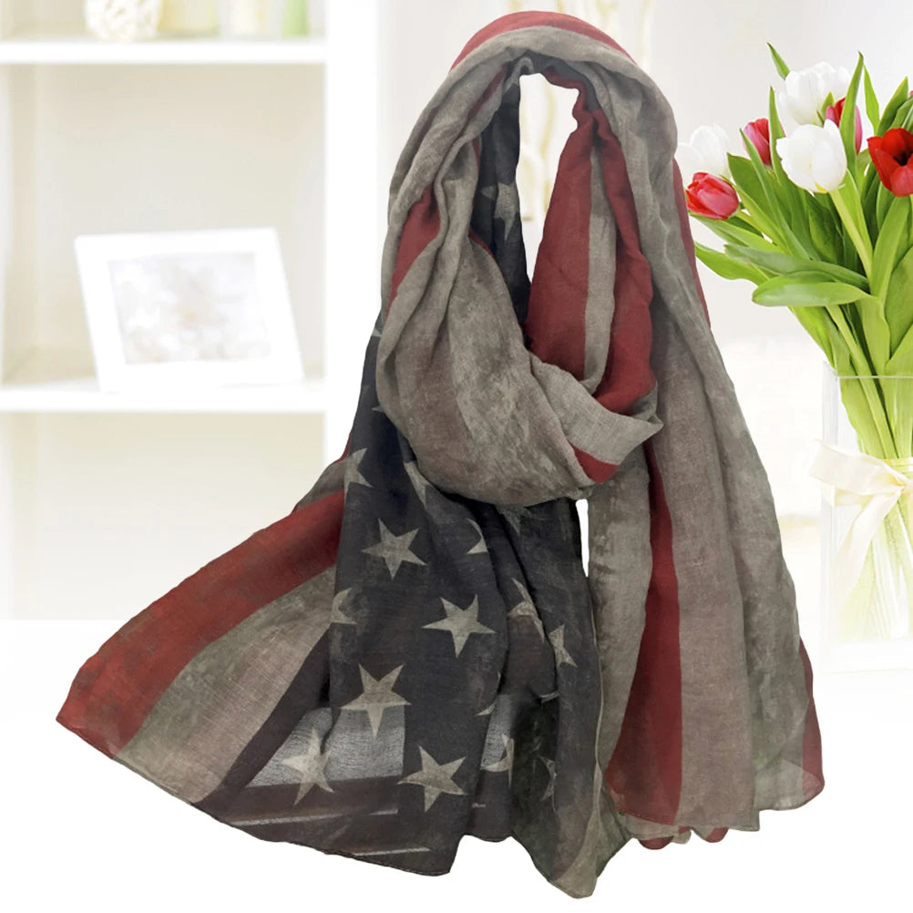 Women American National Flag Pattern Printing Scarf Elegant Tippet Warm Wrap Shawl for Ladies and Girls (Grey 200x100)