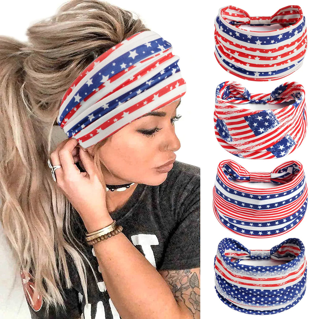 American flag yoga sports headband, Independence Day wide running fitness sweat-absorbing headband, elastic knotted headscarf