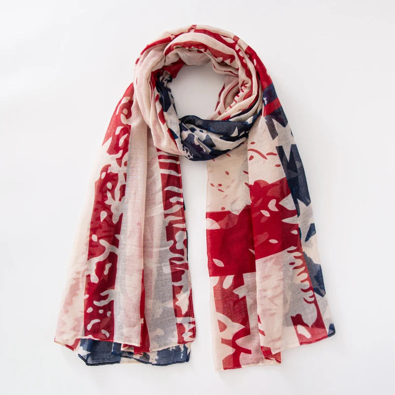 Fashion American Flag Oblong Scarfs Patriotic Stars Print Shawl Voile Soft Wrap Geometric Stripes Scarf