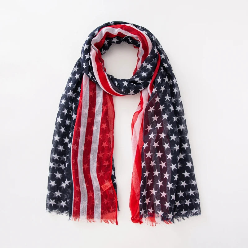 Fashion American Flag Oblong Scarfs Patriotic Stars Print Shawl Voile Soft Wrap Geometric Stripes Scarf