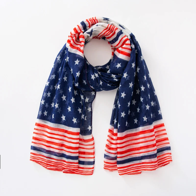 Fashion American Flag Oblong Scarfs Patriotic Stars Print Shawl Voile Soft Wrap Geometric Stripes Scarf